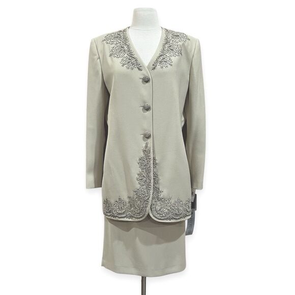 John Meyer of Norwich Bisque Beaded Skirt Suit Set Size 14